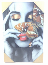 Woman Face With Red Lips &amp; Butterfly Picture in Plastic Frame Wall Decoration - £39.46 GBP