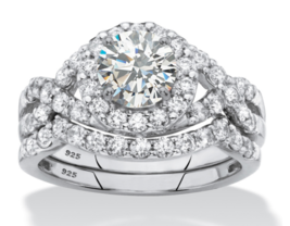 Round Cz Halo Bridal 2 Ring Set Band Platinum Sterling Silver 6 7 8 9 10 - £239.79 GBP