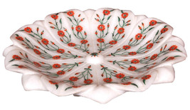 10&quot; White Marble Dry Fruit Bowl Hakik Floral Inlay Pietradure Kitichen Art Gifts - £304.22 GBP