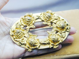 LARGE Gilt Metal Repousse Roses Pin Brooch Signed Harman&#39;s - $29.99