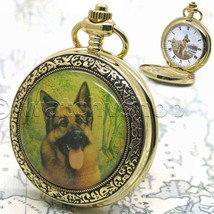 Pocket Watch for Men GERMAN SHEPHERD Design 14K Gold Plated with Chain 53 - $26.99