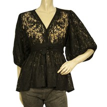 Miss June Black Lace Gold Floral Embroidery Puff Sleeves Tunic Blouse Top - $84.15