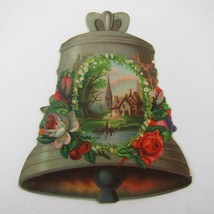 Victorian Trade Card Die Cut Bell Red Rose &amp; Cherries White Flowers Lake Church - £11.71 GBP