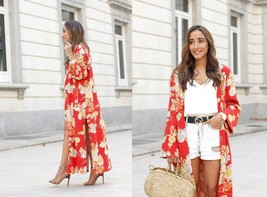 ZARA RARE! BOHO CORAL MAXI FLORAL PRINT KIMONO W/BUTTON +POCKETS SIZE S-M - $69.99