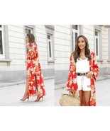ZARA RARE! BOHO CORAL MAXI FLORAL PRINT KIMONO W/BUTTON +POCKETS SIZE S-M - $96.02 CAD