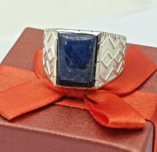 Naturel 5 CT Émeraude Coupe Bleu Lapis Lazuli 925 Bague en Argent pour Homme - £83.02 GBP