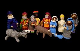 HAND MADE Christmas Nativity Crocheted Knitted Mary Joseph 13pc Set Vintage - $116.60