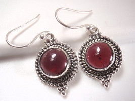Round Garnet 925 Sterling Silver Dangle Earrings Silver Dot Accented - £13.36 GBP