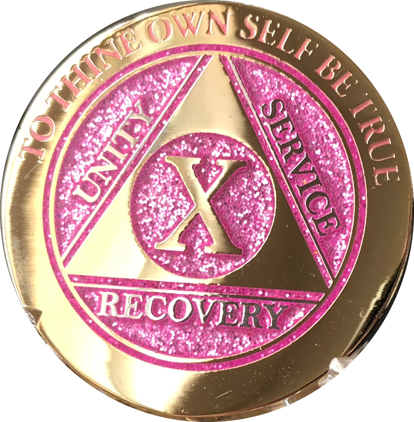 10 Year AA Medallion Elegant Glitter Pink Gold Plated Sobriety Chip Coin Ten