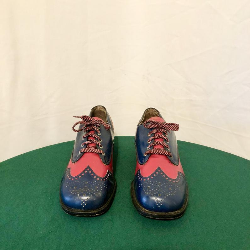 Men's Wing Tip Two Tone Red Blue Cont Brogue Toe Handmade Genuine Leather Shoes