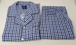 John Blair Mens Pajama Sleep Pants Set Blue White Plaid Button Shirt Snap Pants - £23.48 GBP