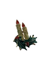 Vintage Art Brooch Candles Christmas Holly Berry Pin 2&quot; Tall - £11.68 GBP