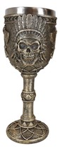 Native Indian Tribal Chief Skull With Roach Headdress And Axes Wine Goblet - £19.97 GBP