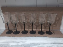 Set of Six Vintage Luminarc France Arcoroc Octime Black Stem Water Goblets 8.25&quot; - £39.47 GBP