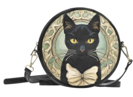 Round Sling Purse Art Nouveau Black Cat 8 Inches PU Leather - £38.07 GBP