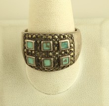 Vintage Signed Sterling NF Thailand Inlay Turquoise Marcasite Dome Ring Band 12 - £42.64 GBP