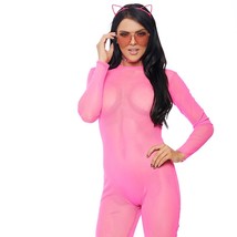 Neon Pink Long Sleeve Catsuit Zipper Closure Sheer Mesh Layering Costume... - £33.85 GBP