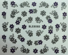 Nail Art 3D Glitter Decal Stickers Silver &amp; Purple Flowers BLE808D - £2.46 GBP