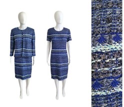 St. John Eva Knit Blue Metallic Sequin Tweed Jacket &amp; Dress Set Size 8 - $712.80