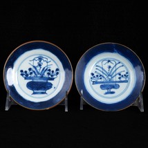 Pair 18th C Chinese Flower Basket Blue and White Saucers - £180.44 GBP