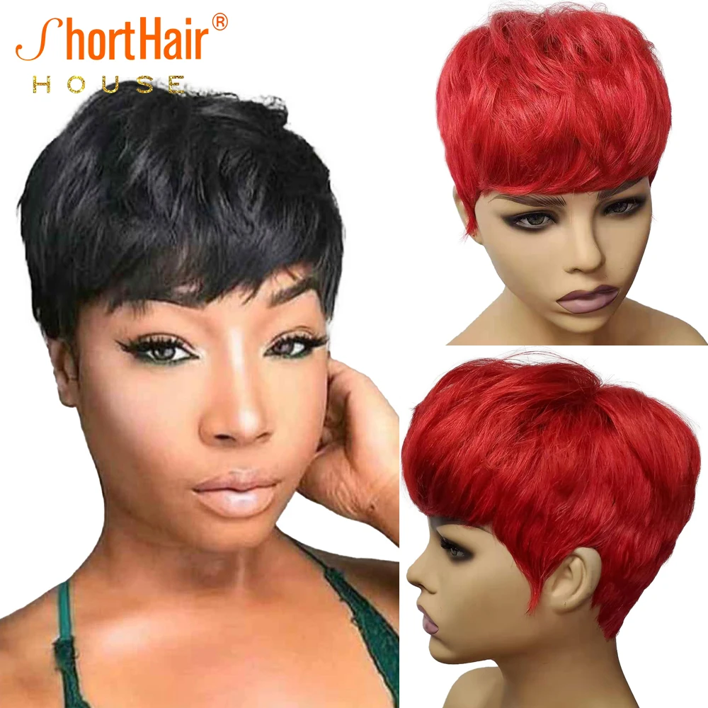 Red Color Short Human Hair Wigs Pixie Cut Wave Remy Brazilian Hair for Bla - £32.68 GBP+