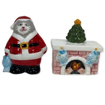 Vintage Clay Art Santa Cat and chimney fireplace Christmas Salt &amp; Pepper Shakers - £19.57 GBP