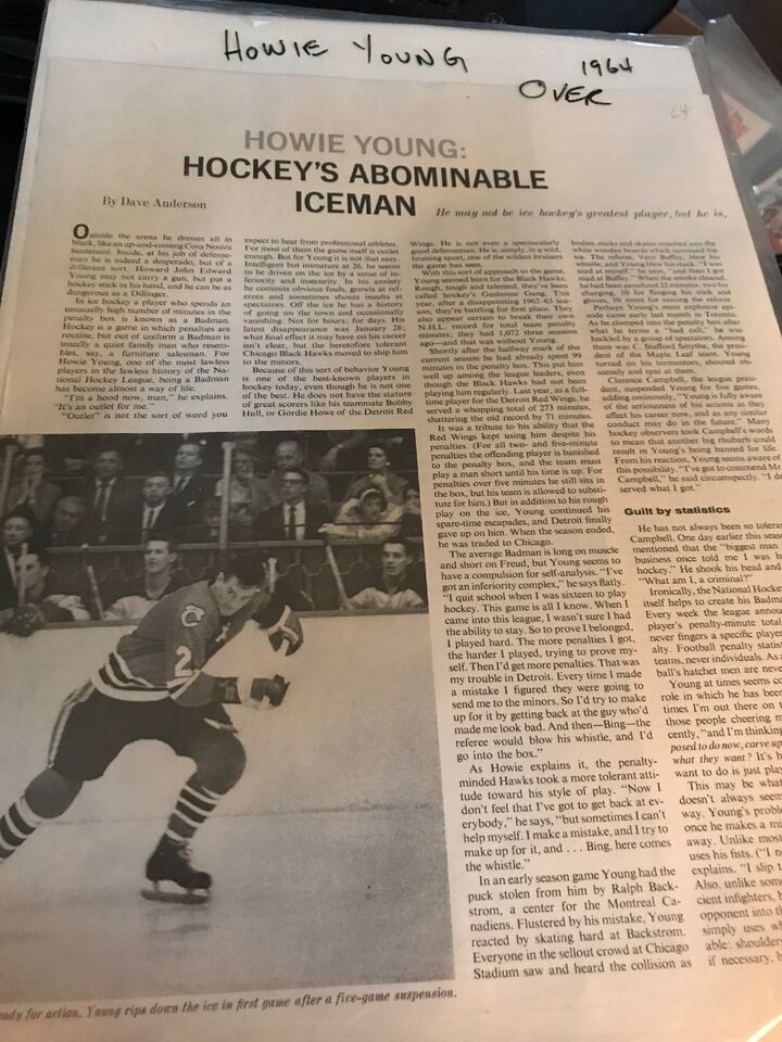 Howie Young Hockey 1964 Big 2 Page Article NHL Badman Chicago Black Hawks - $9.06