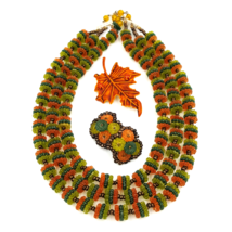 West Germany Vintage Necklace and Earring Set with Fall Leaf Brooch - £38.28 GBP