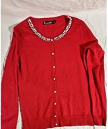 7TH AVENUE NEW YORK DESIGN STUDIO RED BEADED SCOOPED NECK CARDIGAN SHIRT M - €14,44 EUR