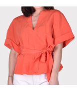 nwt $295 VINCE Women&#39;s Cuffed Short Sleeve V-Neck Blouse L orange peplum... - $89.09