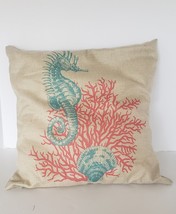Flax Square Throw Pillow W Seahorse &amp; Seashell Coral Turquoise Ocean Beach - £11.95 GBP