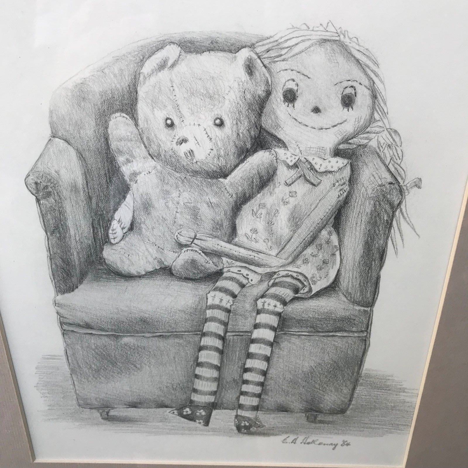 EDGAR HOLLOWAY Original 1984 MODERN VINTAGE Girl & Bear PENCIL DRAWING Signed Item image 3