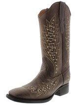 Womens Brown Western Cowboy Boots Silver Studded Embroidered Square Toe - £64.72 GBP