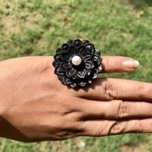 Ebony Wood + Pearl Flower Carved Handmade Ring, 35 mm dia, US 5.5 Ring S... - $19.60