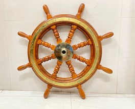 Nautical Collectible Wooden Ship Steering Wheel Brass - Ocean Wall Decor Accent - £317.13 GBP