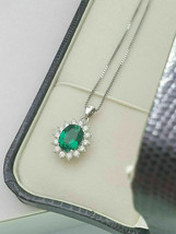 14k White Gold Over 1.50 Ct Green Emerald and Diamond Oval Cut Pendant Necklace - £89.06 GBP
