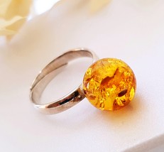  Natural Baltic Amber Ring - Round Ball Amber Beads - Certified Genuine Baltic A - £57.44 GBP