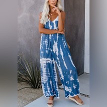 Maxi Romper Jumpsuit Blue Tie Dye Wide Leg Women’s 2XL Loose Fit Pockets Summer - £48.95 GBP