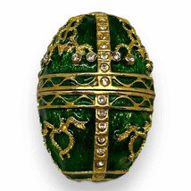 Heavy Green Enameled Egg-Shaped Trinket Box with Rhinestones, Magnetic Closure - £16.77 GBP
