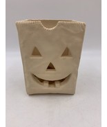 Ceramic Small Brown Paper Bag Pumpkin Face Candle Holder - £7.77 GBP