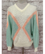 lilly dache vintage Acrylic Sweater Women&#39;s XL V Neck 80&#39;s Pastel - £38.54 GBP