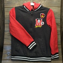 DISNEY Mickey Mouse Letterman Jacket Zip Hoodie Youth M Sherpa Lined Red Black - $28.45