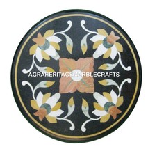 Black Round Marble Coffee Table Jasper Marquetry Inlay Hallway Decor Gif... - $152.30+