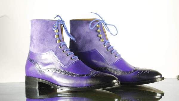 Handmade Men Purple Leather Suede Wing Tip Brogue Lace Up Boots, Men Ankle Boot