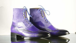 Handmade Men Purple Leather Suede Wing Tip Brogue Lace Up Boots, Men Ankle Boot - £128.50 GBP