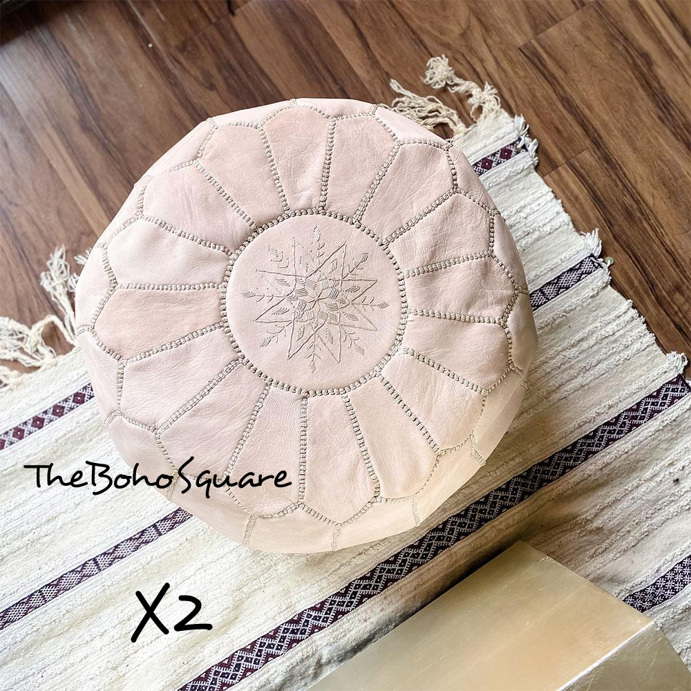 Primary image for Set Of 2 Handmade & Hand-Stitched Moroccan Pouf, Genuine Leather, Light Tan 