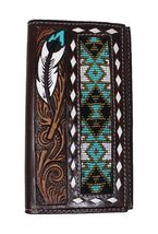 Men's Western Rodeo Wallet Turquoise Feather Tooled Beaded Leather Check... - $44.54