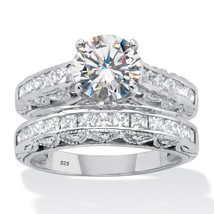 PalmBeach Jewelry 3.08 TCW Platinum-Plated Silver Round Cut CZ Bridal Ring Set - £51.01 GBP