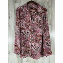 Talbots Womens Button Front Blouse Size Large Pink Brown Paisley Business Office - £19.43 GBP