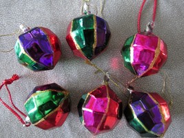6 Multi Color &quot;Faceted&quot; Glass Christmas Ball Ornaments With Glitter - £11.00 GBP